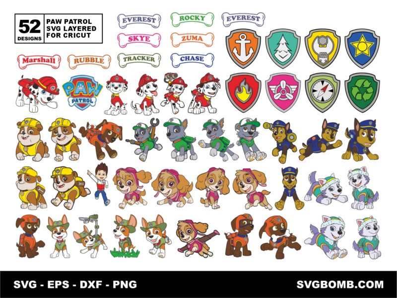 Paw Patrol SVG Layered for Cricut Bundle, Skye, Chase, Everest, Tracker, Rubble EPS PNG DXF