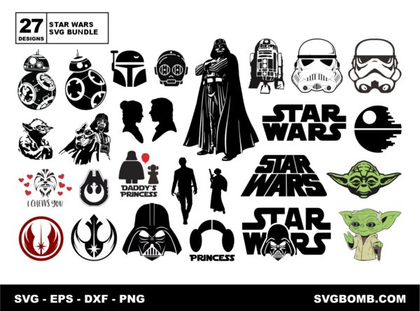 Star Wars SVG Bundle, Star Wars Vectors, Yoda Cut Files, Darth Vader Cricut, Silhouette, Skywalker, Han Solo, Princess Leia