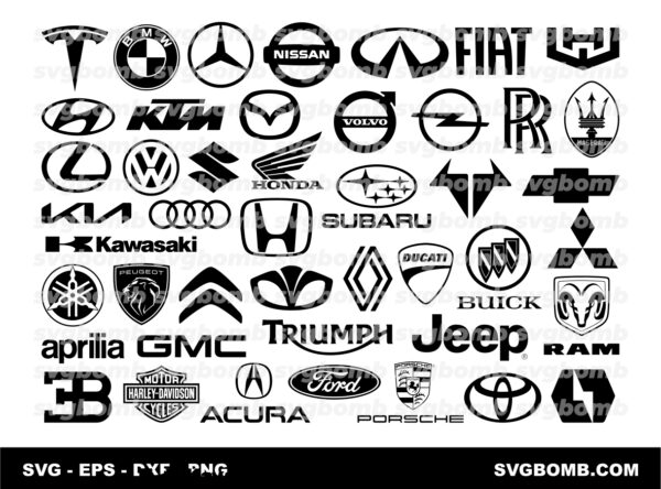 Car and Motorcycle Brand Logo SVG Bundle, Black and White Version 2023