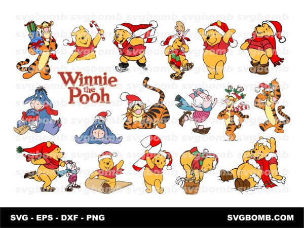 christmas winnie the pooh svg bundle, disney svg, cricut and silhouette compatible. perfect for winter season.