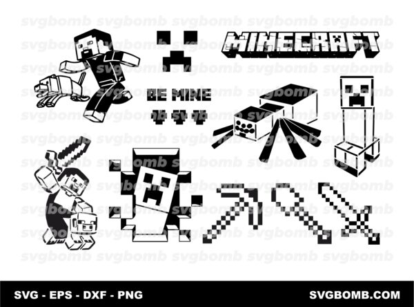 Minecraft Bundle Steve, Pig, Creeper, Spider Stencil Digital Download ClipArt Graphic
