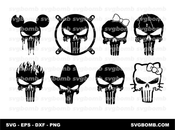 punisher svg cut files bundle, punisher hello kitty, mickey mouse and more